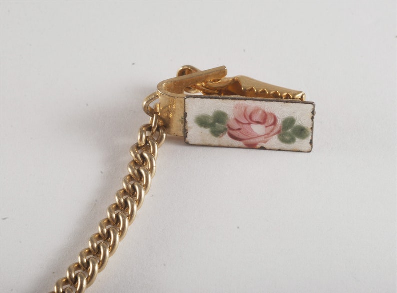 Vintage Sweater Clip Guard Gold Metal Guilloche Flower Enamel Clothing Accessory image 1