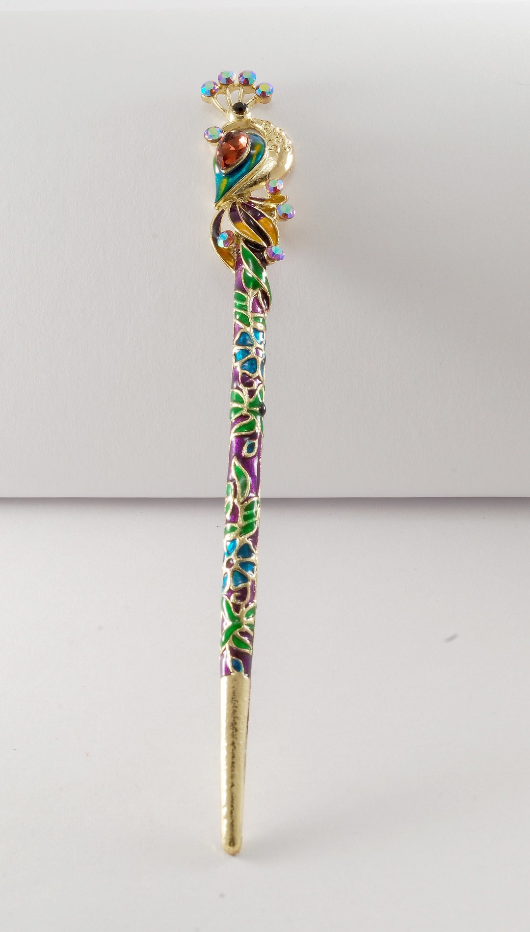 Vintage Brass & Enamel Peacock Hairpin Barrette Peacock Hair Stick Hair Accessory Colorful Purple Cloisonne  main image 2