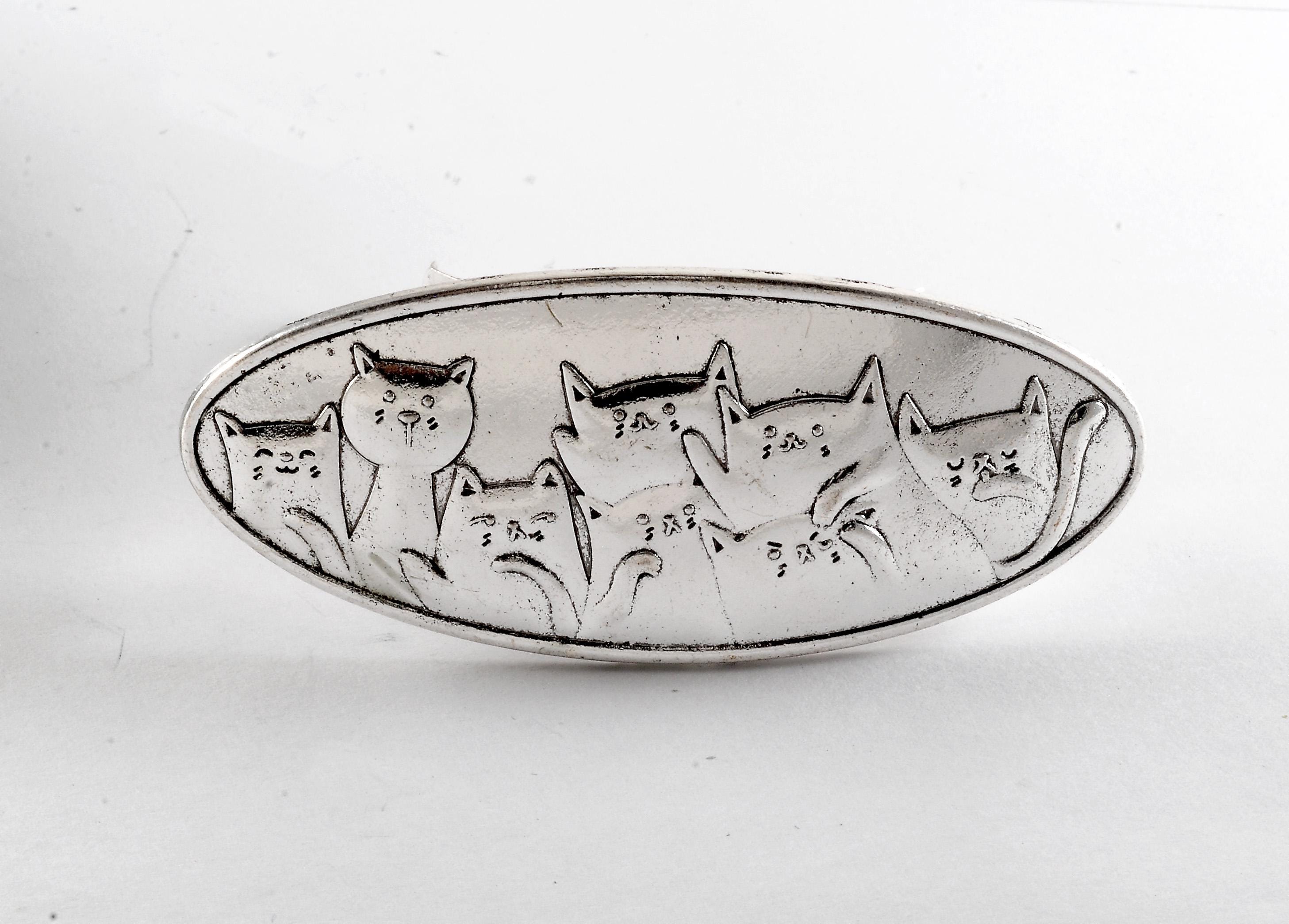 Vintage Hair Barrette Silver Tone Metal Kitty Cat Top Hair 