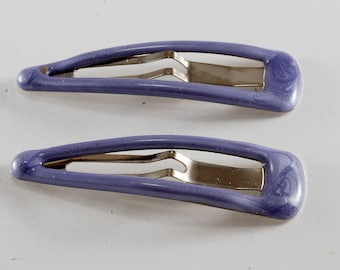 Retro Hair Barrette Snap Clip Pair Blue Top Silver Tone Metal Barrette