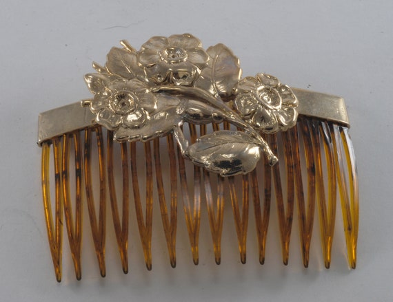 Vintage Hair Comb Metal Topper Gold Tone Flower B… - image 1