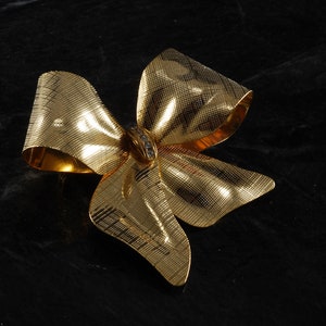 Vintage Golden Bow Brooch Signed Tona  Rhinestone Gold Tone Metal Pin 2 1/2&quot; x 2 &quot;