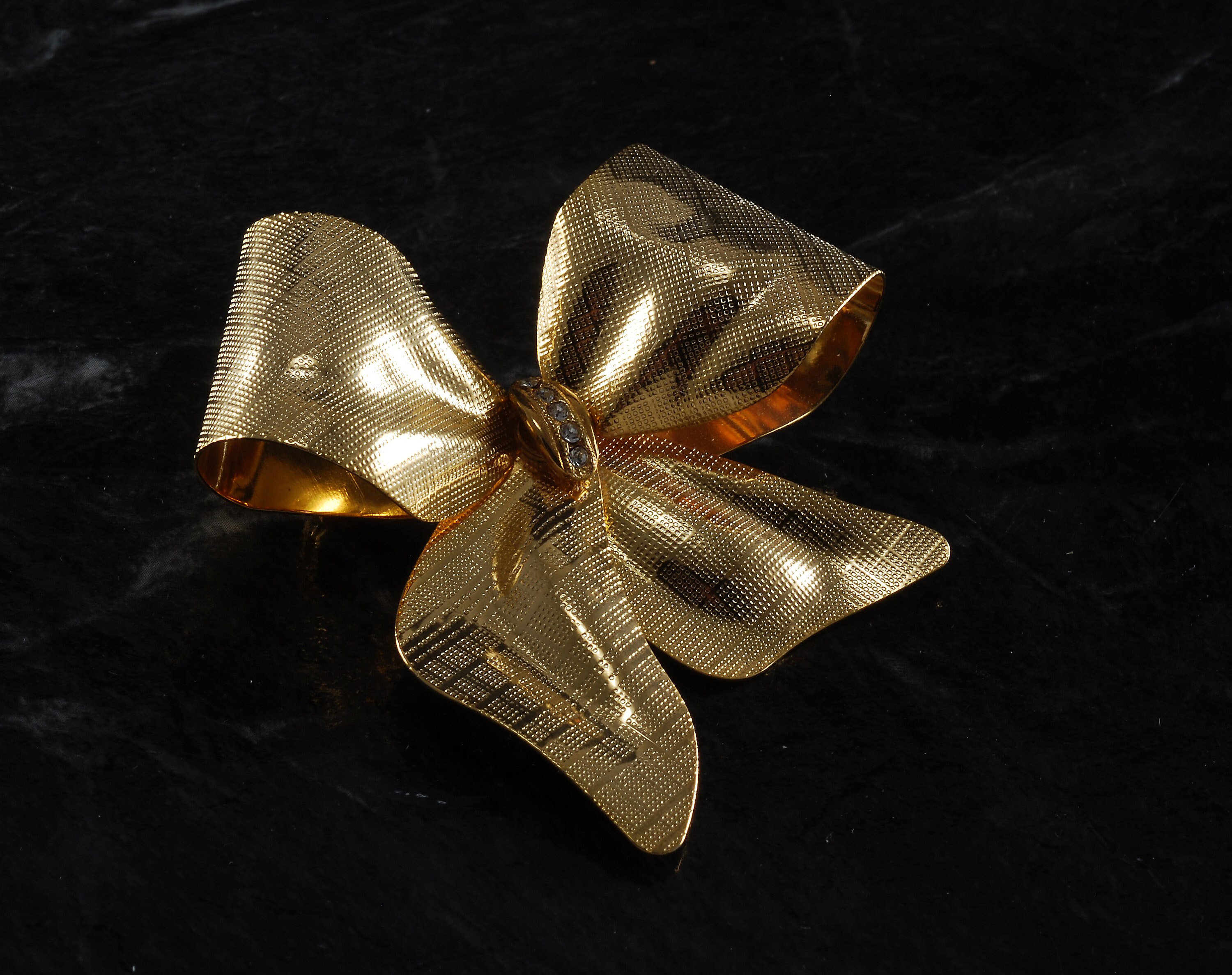 Vintage Golden Bow Brooch Signed Tona  Rhinestone Gold Tone Metal Pin 2 1/2" x 2 "