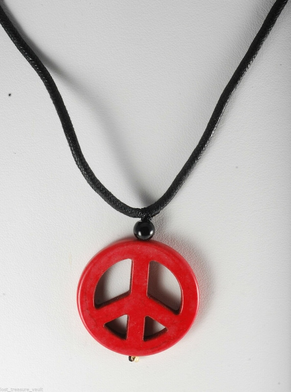 Dyed Howlite Stone Red Peace Sign Adjustable Black