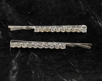 Vintage Hair Pins Bobby Pins Clear Rhinestone Silver Tone Metal Pair Accessory 2" x 1/8"