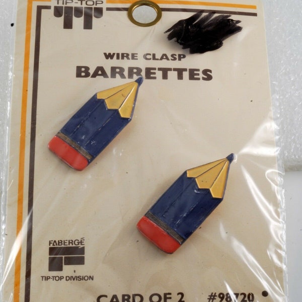 Vintage Tip Top Hair Barrette Enamel Pencil Pair Faberge Wire Back Navy Blue NOC