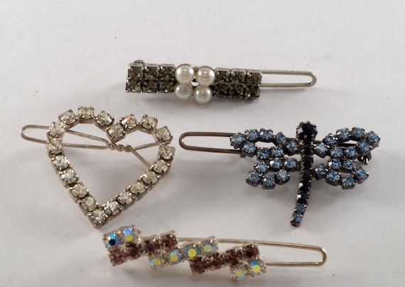 Vintage Hair Barrette Lot Fire Fly Heart  Rhinest… - image 1