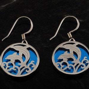 Vintage Dolphin Earrings Silver Tone Metal 3D Blue Background Jewelry