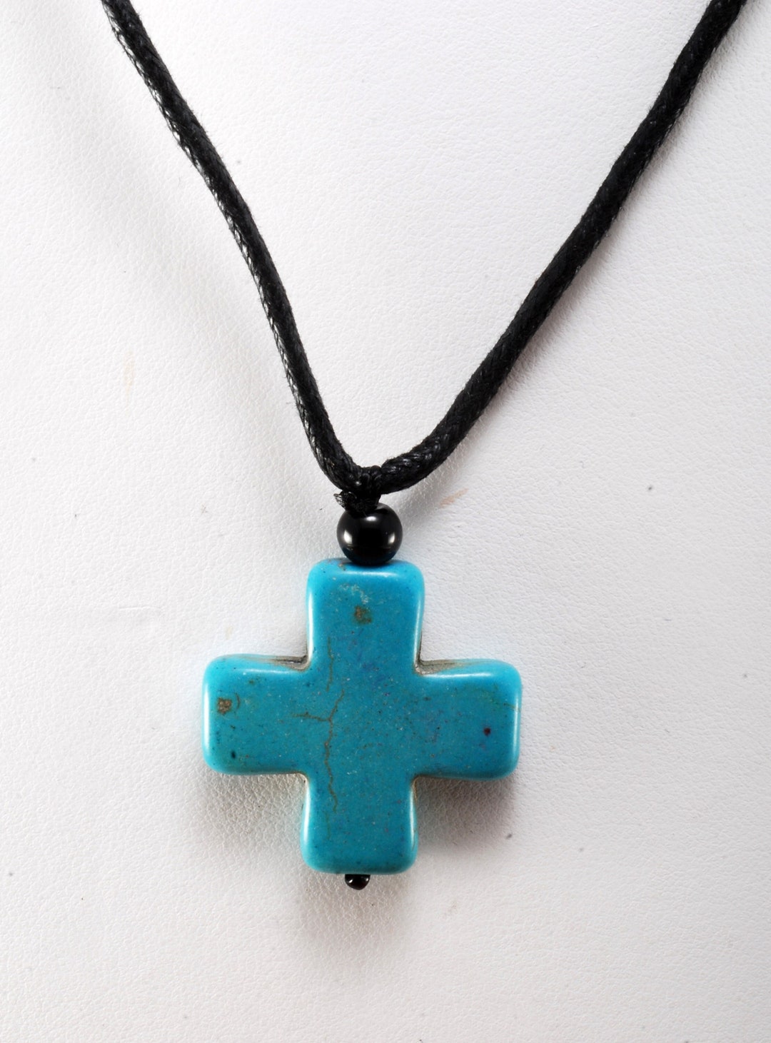 Howlite Cross Stone Blue Adjustable Black Cord Necklace Jewelry 1 1/8 ...
