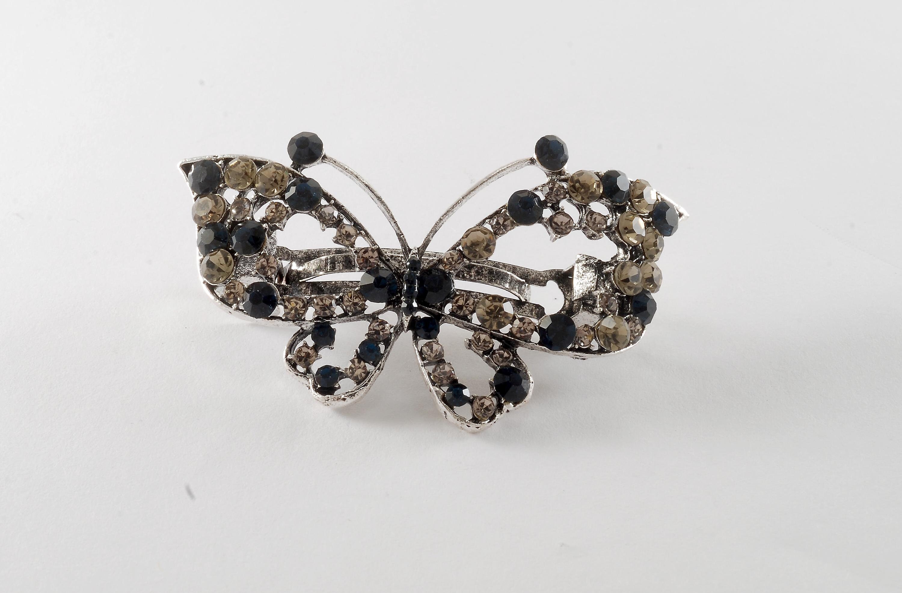 Vintage Hair Barrette Butterfly Blue and Smokey Rhinestone 