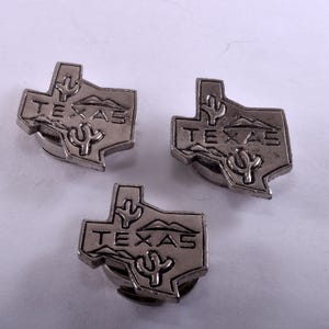 Puede incluir: Tres pines de metal plateado con la forma del estado de Texas. Cada pin presenta la palabra TEXAS en letras mayúsculas en relieve, junto con diseños grabados de dos cactus y una cadena montañosa. Los pines tienen un acabado metálico.