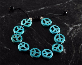 Peace Bracelet Howlite Blue Dyed  Stone Peace Symbol Adjustable Jewelry