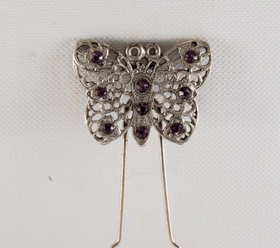 Vintage Hair Fork Silver Tone Metal Butterfly Pur… - image 2