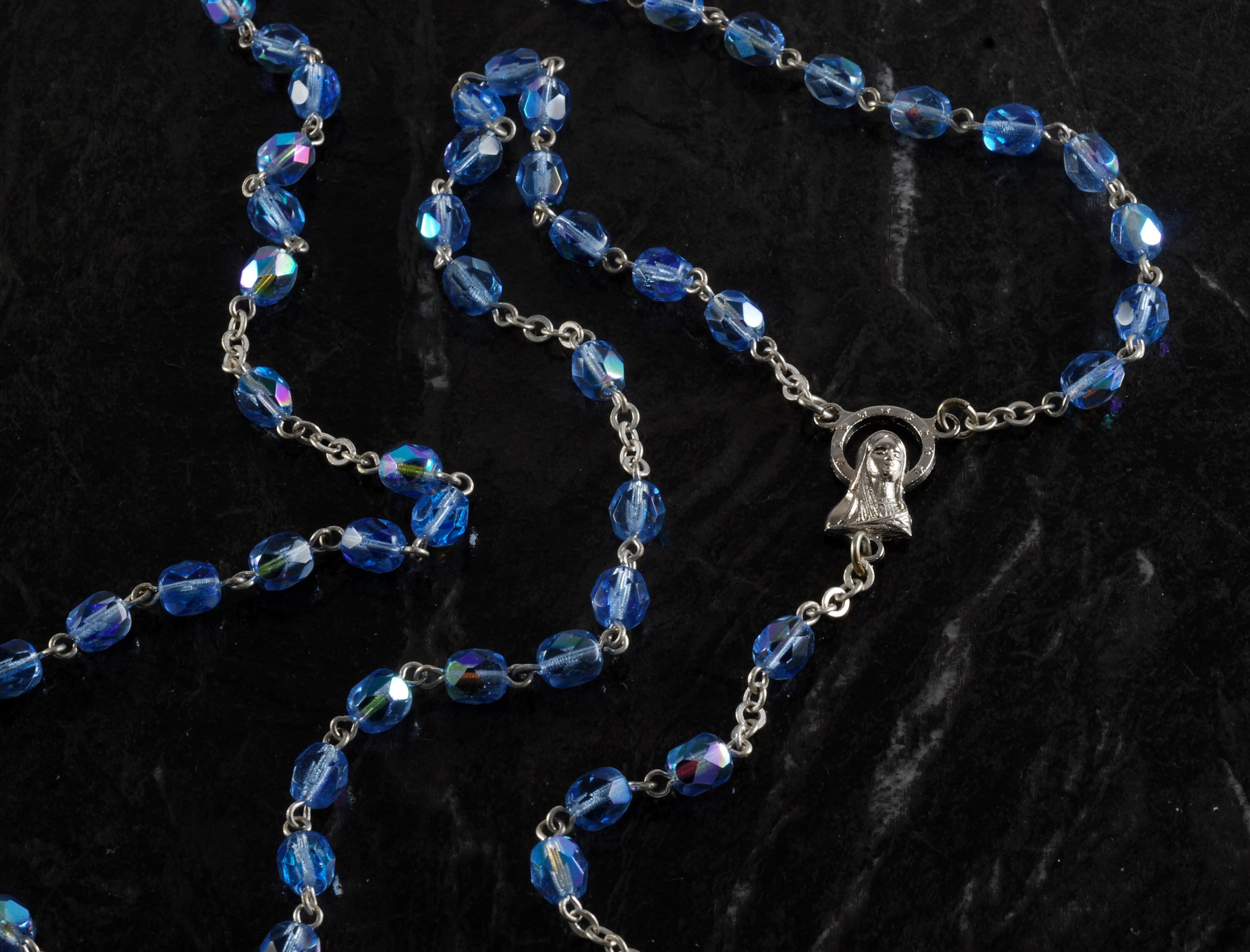 Vintage Rosary Bead Cross Necklace Signed Italy Religious Silver