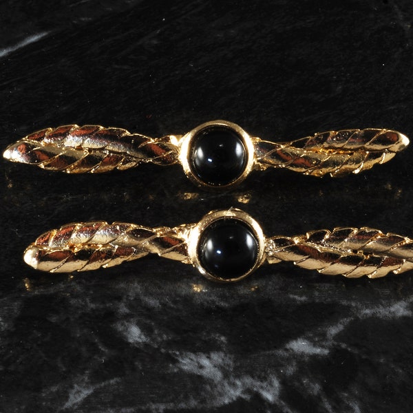 Grampos de cabelo vintage, grampos de cabelo em metal banhado a ouro com detalhes em vidro preto, acessório para o par.