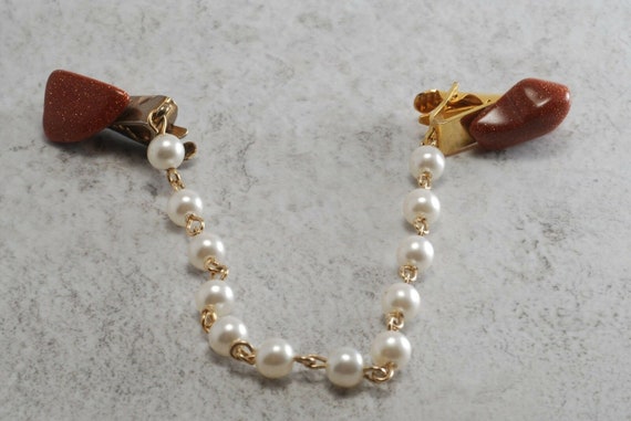 Vintage Sweater Clip Guard Faux Pearl Tumbled Gol… - image 1