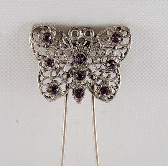 Vintage Hair Fork Silver Tone Metal Butterfly Pur… - image 3