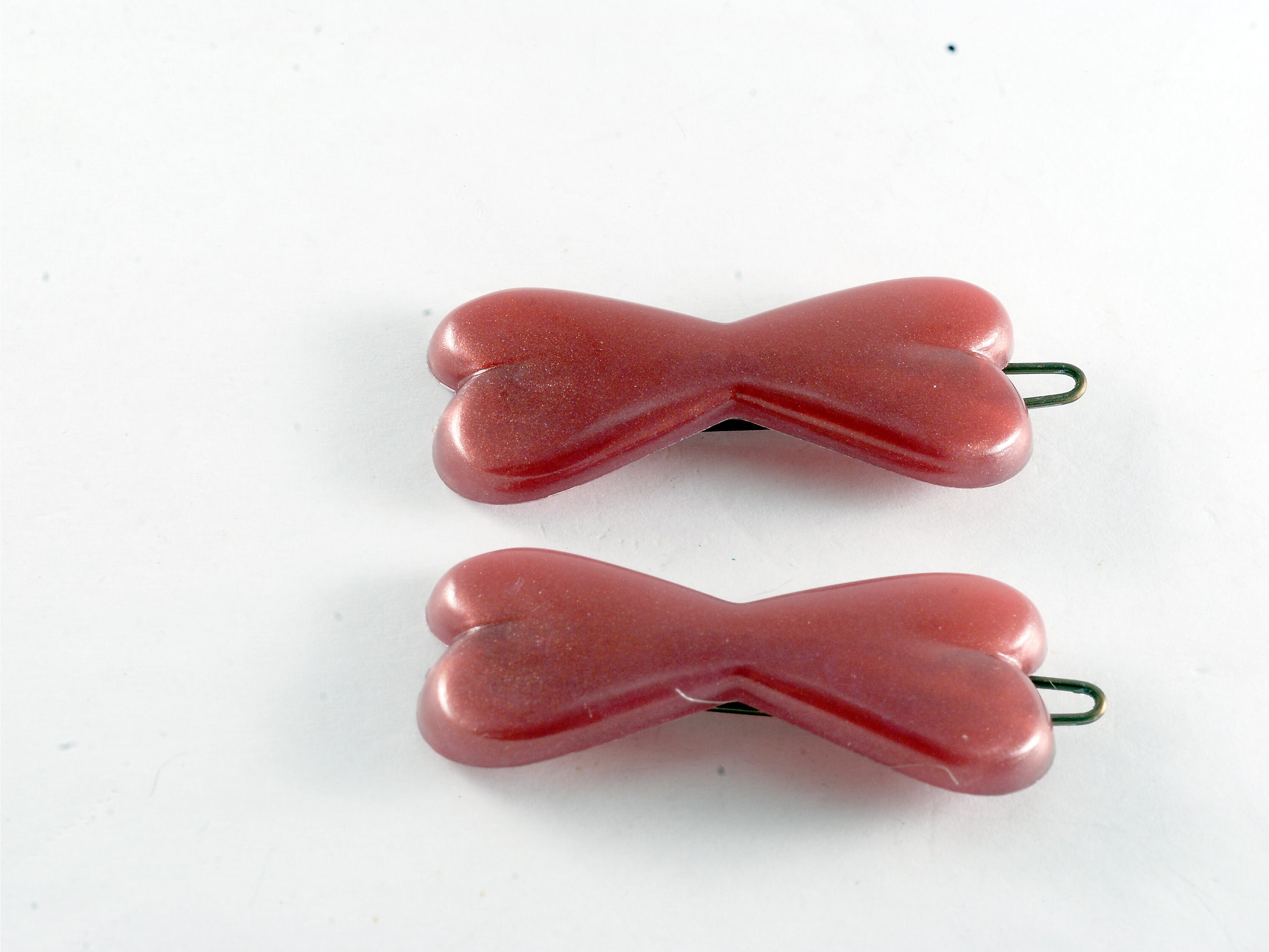 Vintage Barrette Pair Mauve Bow Hair Accessory Brass Snap Clasp Plastic Top