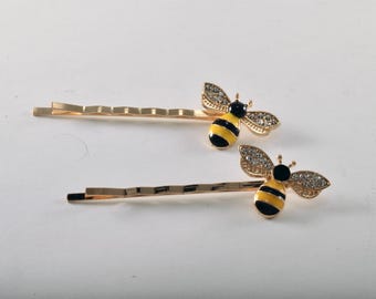 Horquillas para el cabello, pasadores, metal tono dorado, diamantes de imitación, abeja negra y amarilla, par, accesorio para el cabello de 2 1/2"