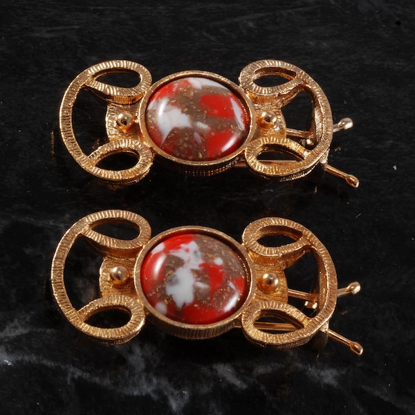 Vintage Hair Barrette Pair Gold Tone Metal Red/Gold Gemasite Cabochon Accessory