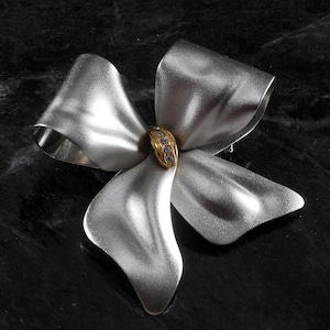 Vintage Bow Brooch Signed Tona Rhinestone Silver Tone Metal Pin 2 1/2&quot; x 2 &quot;