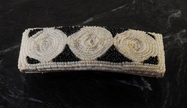 Vintage Hair Barrette Seed Bead White Black Snap Clasp Hair Accessory