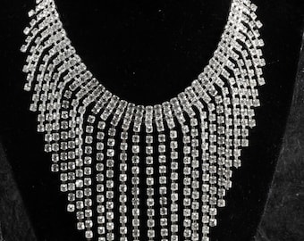 Vintage Rhinestone Bib Necklace Rhodium Plated Made with Swarovski Rhinestones 18" Jewelry