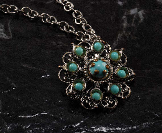 Vintage Sweater Clip Silver Tone Metal Double Chain Blue Stone Filigree Ends Jewelry