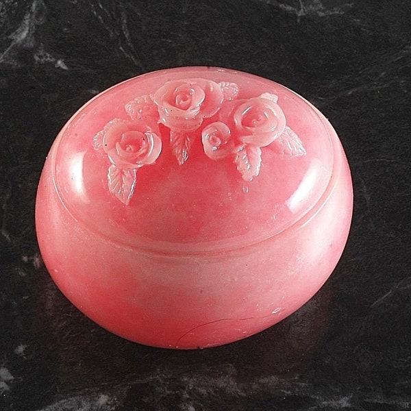 Vintage 60's Marvella Jewelry Box Keepsake Trinket Keeper Glass Rose Pink Flowers Oval Shape Original Box NOS 1 1/2" x 2 3/4"