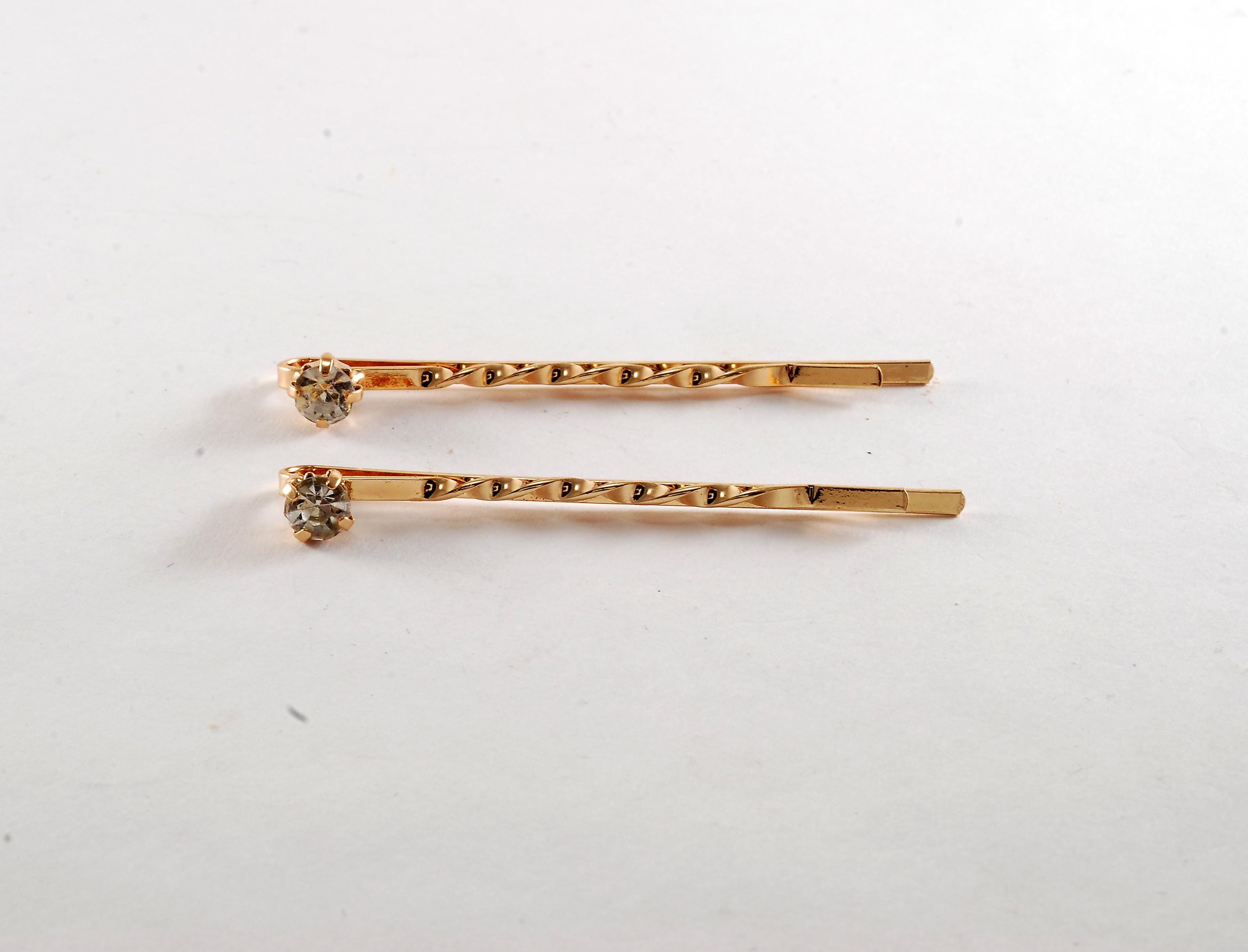 Vintage Hair Pins Twist Bobby Pins Clear Rhinestone Gold Tone Metal Pair 2 Accessory
