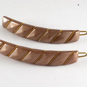 Vintage Hair Barrette Pair Beige/Gold Wire Wrapped Plastic Metal Clasp Hair Accessory