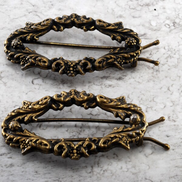Vintage Hair Barrette Pair Brass Metal Victorian Motif Hair Accessory