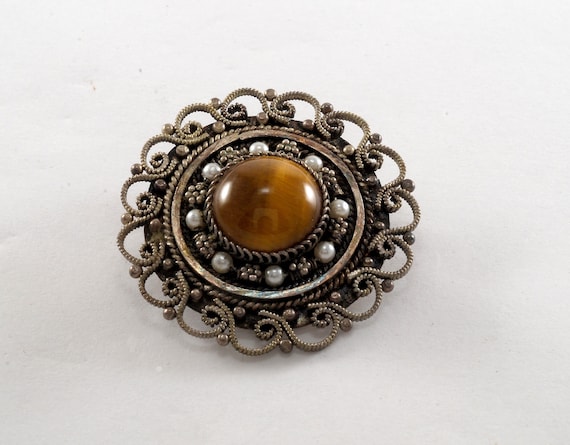 Pendentif Argent tibetain Pierre Oeil de tigre Bijou Himalaya Tibet 7g