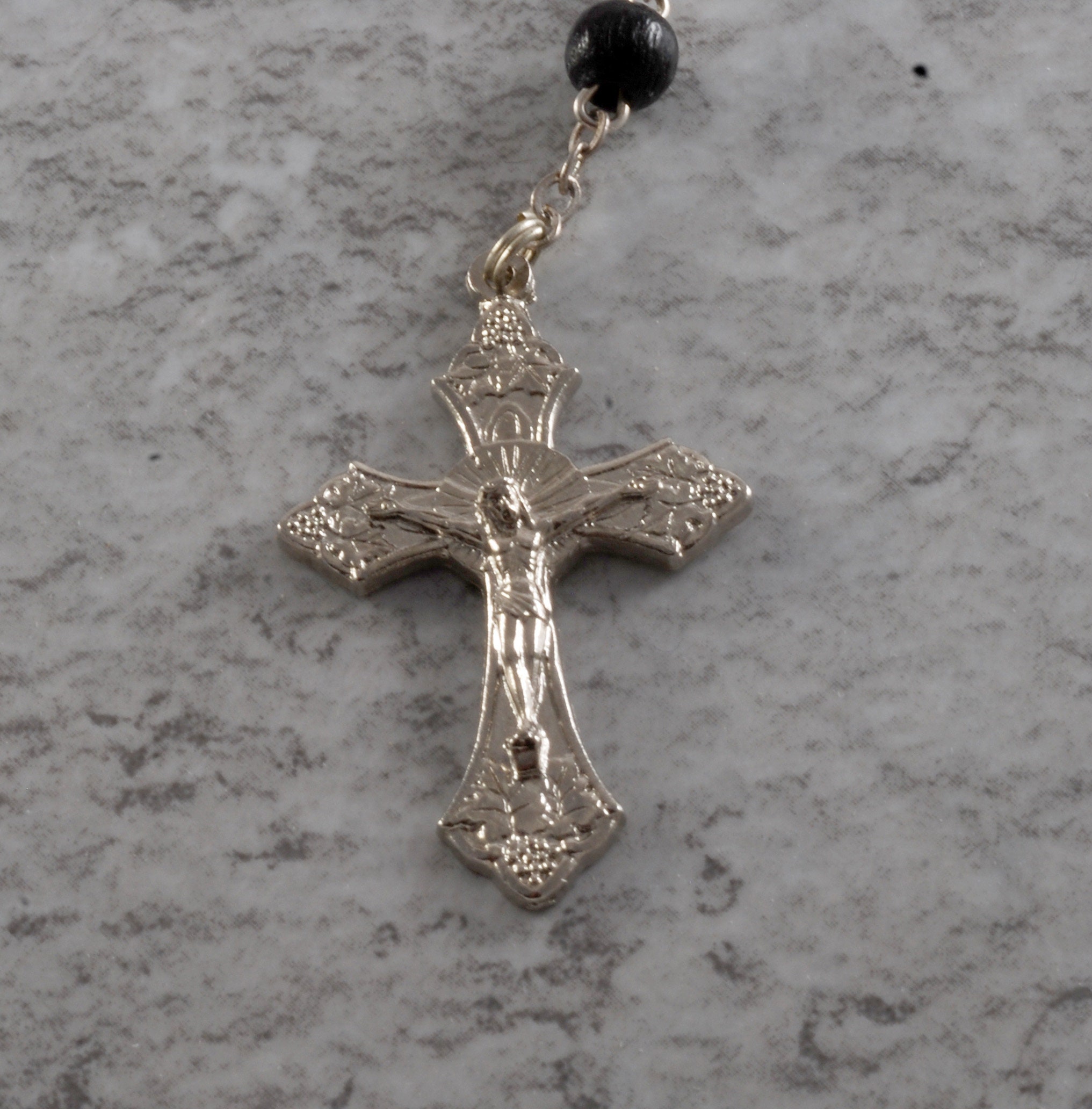 Vintage Rosary Bead Cross Necklace Signed Italy Religious Silver