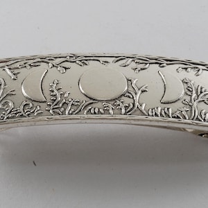 Pasador para el cabello vintage de metal plateado con diseño de fases lunares, 2,5 x 8,9 cm