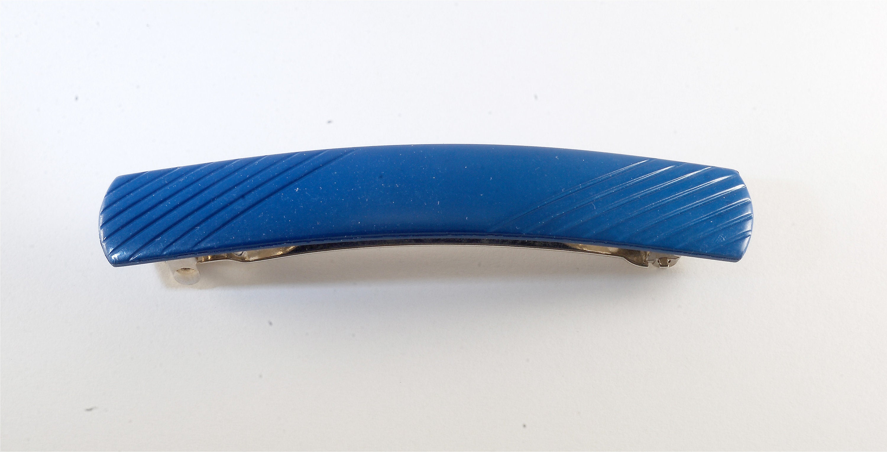 Vintage Hair Barrette Made in France Blue Plastic and Metal Hair Accessory 3" Clip