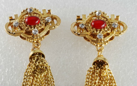 Vintage Shoe Clips Gold Metal Red and Clear Rhine… - image 2