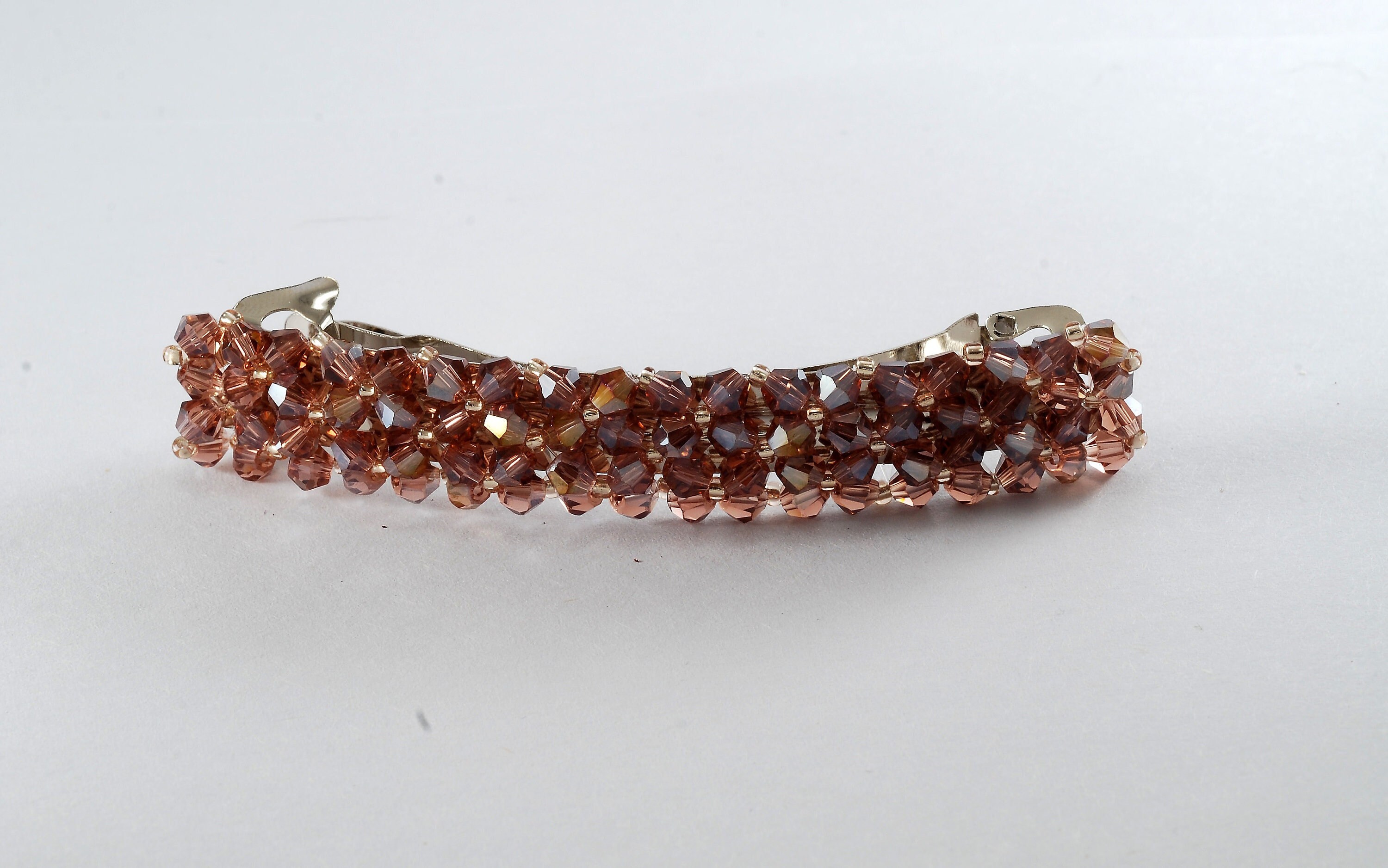 Vintage Hair Barrette Purple Glass Bicone Beaded Silver Metal Snap Clasp Signed Clip Paris Hair Jewelry 1/2" x 3 1/2"