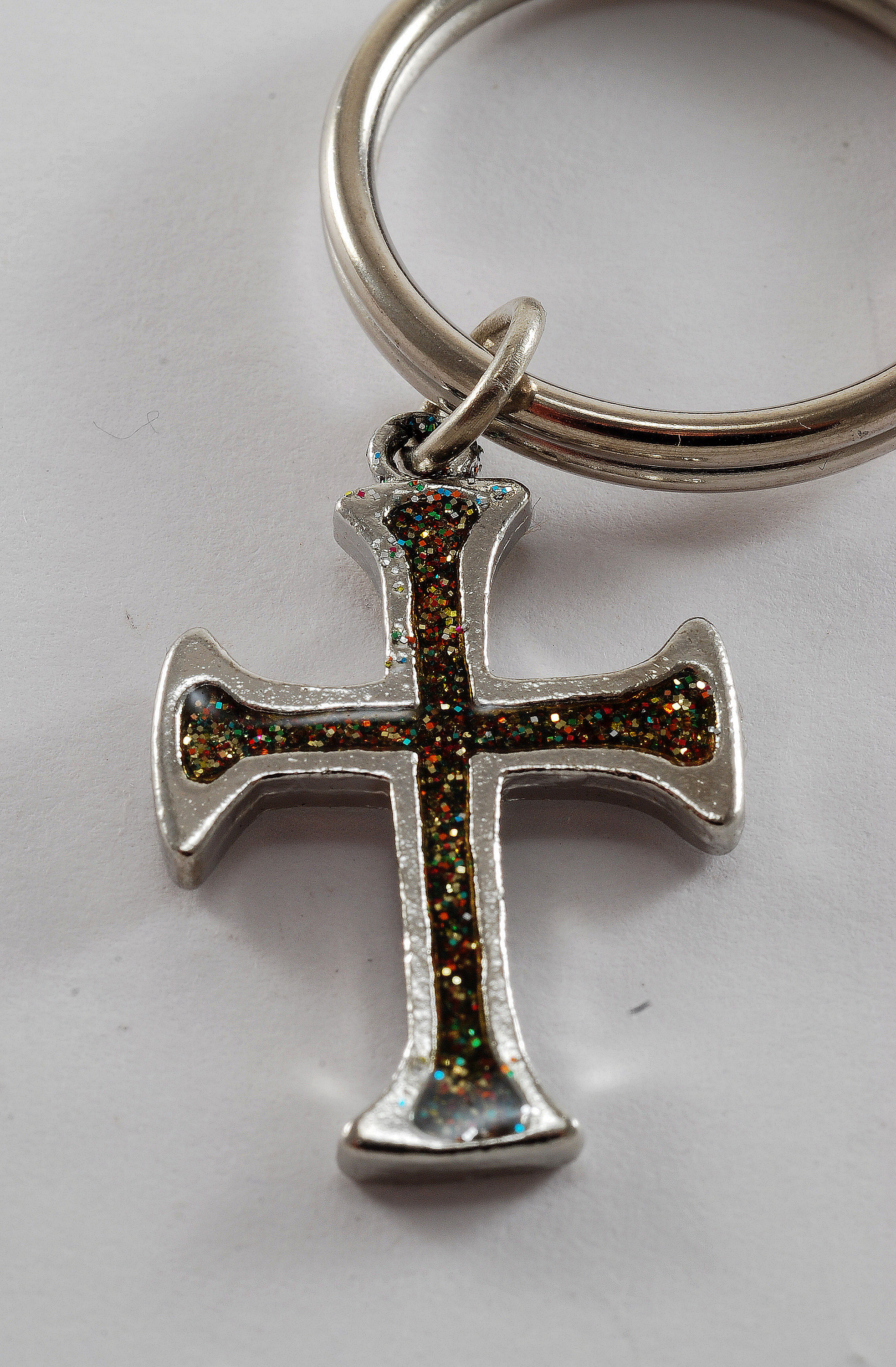 Vintage Glitter Cross Keychain Silver Tone Metal Key Ring Fob 3/4