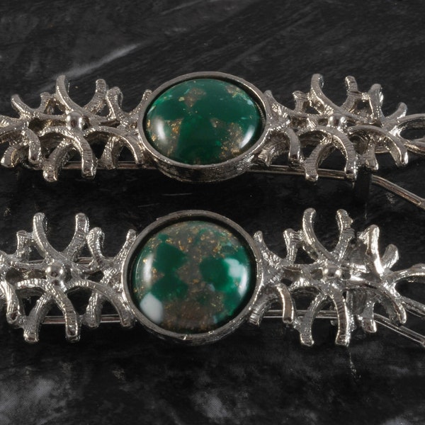 Vintage Hair Barrette Pair Silver Tone Metal Green Gemasite Cabochon Accessory