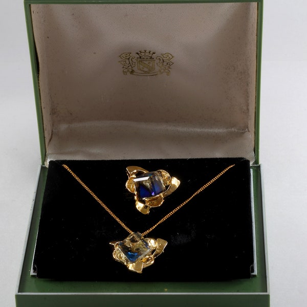 Vintage 50's Necklace and Ring Original Box Alsten Co. Jersey City USA Gold Tone Metal Swarovski Heliotrope Cube Crystal Costume Jewelry