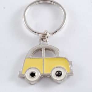 Enamel Bug Car Key Chain Yellow Enamel Metal Charm Silver Tone Key Ring Fob Beetle