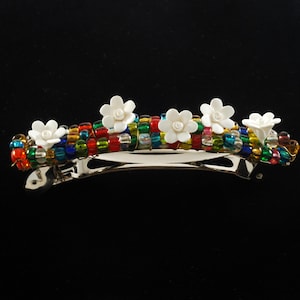 Vintage Hair Barrette Silver Tone Metal Rainbow Beaded Flower Top Hair Accessory 3&quot;x 1/2&quot;