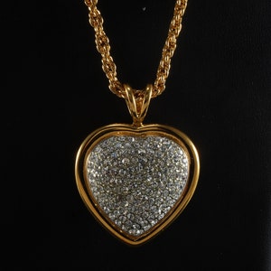 Vintage Heart Necklace Cristalina Puffed Heart Rhinestone Gold Tone Metal 34&quot; Chain Fashion Jewelry