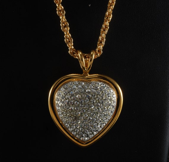Vintage Heart Necklace Cristalina Puffed Heart Rhinestone Gold Tone Metal 34" Chain Fashion Jewelry