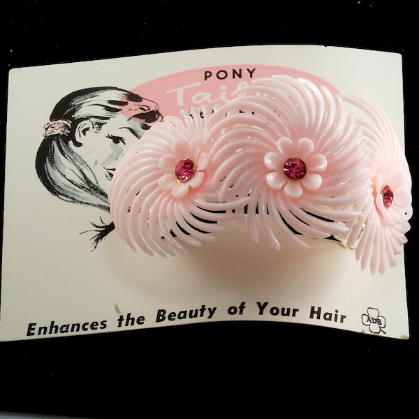Vintage Pony Tail Hair Barrette Pink Flowerd Rhinestones Metal Pony Tail Hair Wire Clasp Accessory NOS