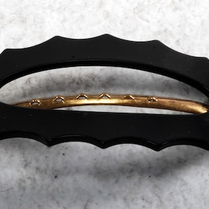 Vintage Hair Barrette Brass Metal Black Plastic Reverse Scallop Design Accessory
