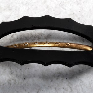 Vintage Hair Barrette Brass Metal Black Plastic Reverse Scallop Design Accessory