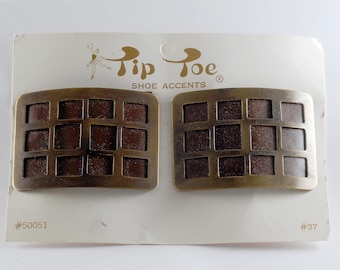 Vintage paar schoenclips tip-toe goud/bruin wafelpatroon schoenaccessoires Nieuw op kaart