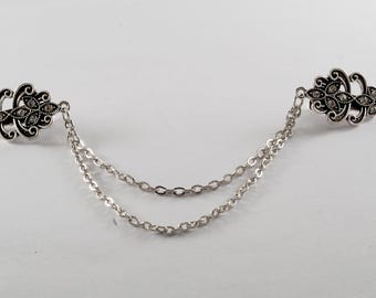 Vintage Sweater Clip Guard  Leaf Flower Rhinestone Silver Tone Double Chain Link Fashion Accessory 7 1/4"